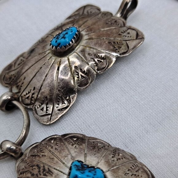 VINTAGE ~ AUTHENTIC CONCHO BELT ~ TURQUOISE TEPEES & SUNBURSTS ~ SIGNED/STERLING - Picture 6 of 12